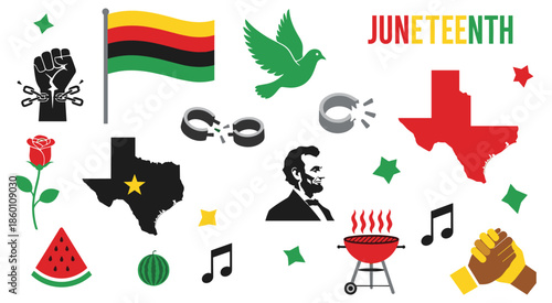 Vector illustration of diverse Juneteenth celebration symbols including the Pan-African flag, broken chains, Texas map, dove, Lincoln, watermelon, grill, and musical notes representing African