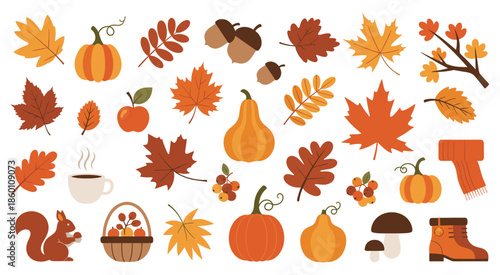 Vibrant autumn fall season decorative elements vector illustration set with pumpkins leaves acorns and cozy items perfect for seasonal design projects and holiday greetings