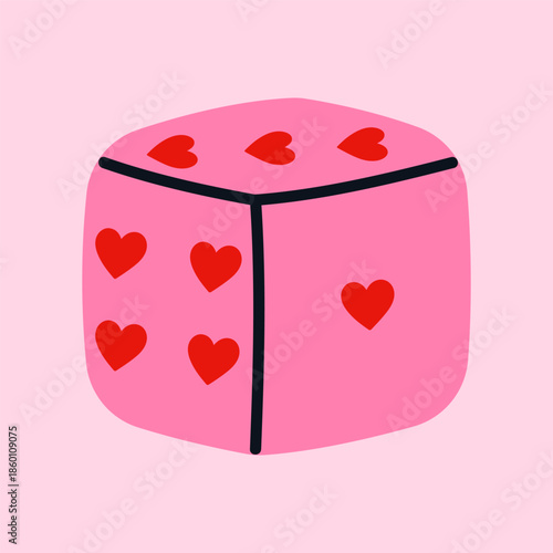Cute dice with heart-shaped symbols. Valentine’s Day and romantic love concept, symbol of love and luck. Minimal flat vector illustration, isolated object on light pink background.