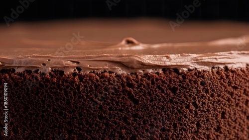 Macro Texture of Porous Chocolate Sponge Cake and Smooth Cream Frosting Layer Extreme Close Up