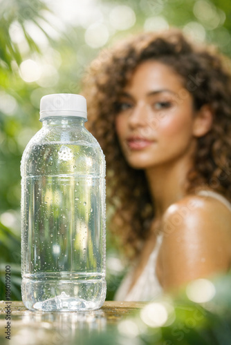 Clear Plastic Water Bottle With Droplets Standing Outdoors