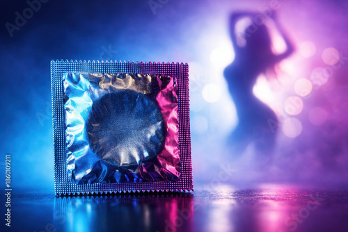 Condom In Silver Foil Packaging On Reflective Surface With Silhouette Of Dancing Woman In Neon Lights