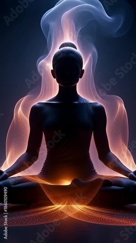Silhouette of a person meditating with glowing energy in a seamless loop