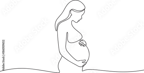 An elegant, minimalist illustration uses a single continuous line to depict a pregnant woman gently holding her belly in profile, symbolizing motherhood and new life.