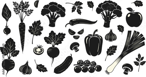 Black vegetable silhouettes collection featuring detailed line art of carrots broccoli tomatoes bell peppers and garden herbs for healthy organic food branding.