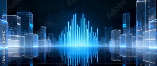 Dynamic blue light forms a central sound or data equalizer within an abstract, translucent futuristic city environment, showcasing technological progress