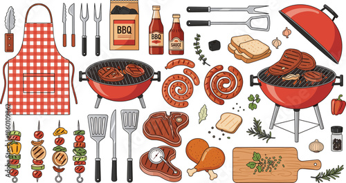 Large BBQ grilling collection featuring red grills steak sausages chicken skewers apron and cooking tools for summer backyard cookout and restaurant menu design.