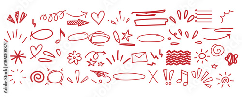 Hand drawn doodle elements including arrow, heart, star, swirl, highlight, and sketch underline. decorative design set for infographics, social media, note taking, and creative projects