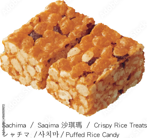 Crispy sachima rice treats with puffed rice topping and raisins traditional Asian dessert isolated