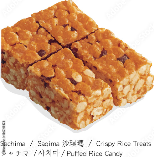 Traditional sachima square rice candy bar puffed rice cereal Asian sweet treat food closeup