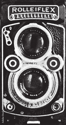 Vintage black and white close up photograph capturing the intricate details of a classic Rolleiflex twin lens reflex camera body