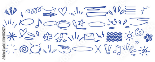 Hand drawn doodle elements including arrow, heart, star, swirl, highlight, and sketch underline. decorative design set for infographics, social media, note taking, and creative projects
