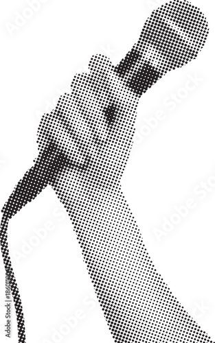 Hand holding a classic dynamic microphone tightly gripped ready to sing or speak during performance