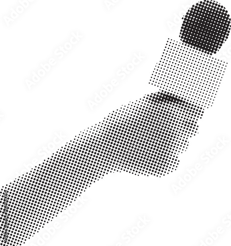 Stylized halftone graphic depiction of a human hand firmly grasping a square-shaped microphone for journalism or interviews