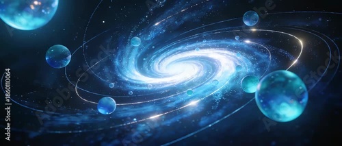 Vast cosmic spiral galaxy with glowing blue celestial orbs suspended in space, a breathtaking astronomical vista
