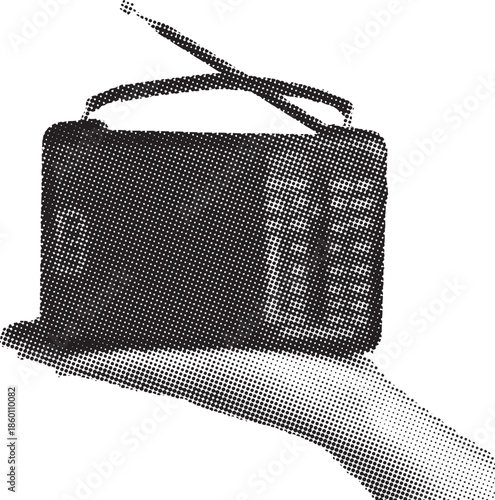 Small portable transistor radio with an extended telescopic antenna resting gently upon a person's open palm