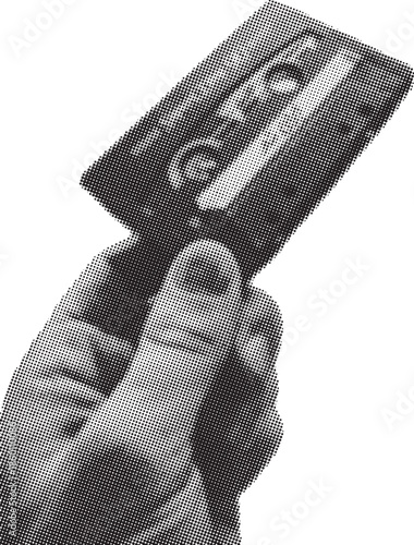 Close-up of a human hand holding an antique compact audio cassette tape recording medium against a stark white background
