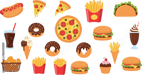Large fast food collection featuring pizza slices burgers french fries hot dogs tacos donuts ice cream and soda for restaurant menu design.