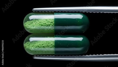 Green supplement capsules held by tweezers