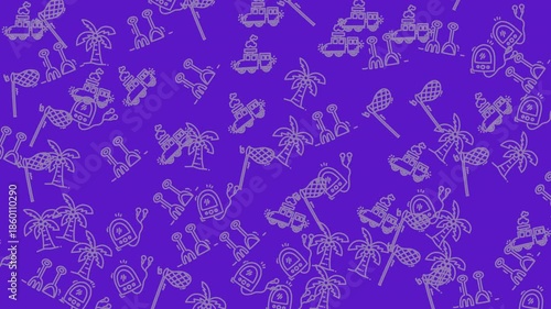 Purple background with white tropical beach scene outlines suitable for summerthemed graphic designs, vacation ads, or tropical event promotions.