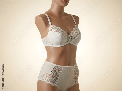Woman wearing white lace lingerie set on beige background.