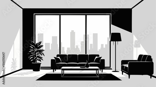 Modern Living Room Interior with City View.