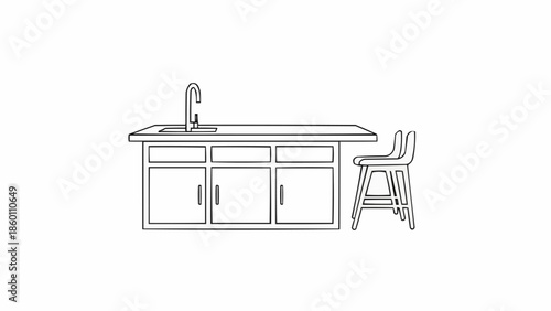 Modern Kitchen Island with Sink and Bar Stool Outline Drawing.