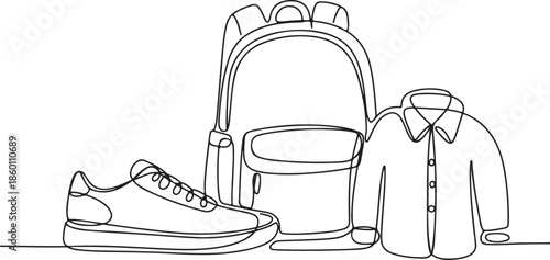 A minimalist, continuous line drawing showcases essential casual wear and school supplies, featuring a sneaker, a backpack, and a button-down jacket, perfect for apparel or educational designs.