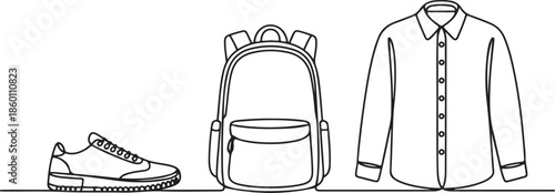 Simple and clean, this illustration uses an outline style to depict everyday items, capturing the essence of travel, school, or fitness through a single, flowing line.