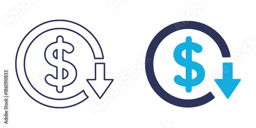 Cost Reduction Icon Vector showing dollar decrease sign, profit decrease symbol, cost saving illustration, financial management, business efficiency