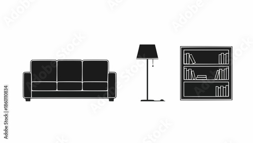 Modern Living Room Furniture Set Silhouette Icon.