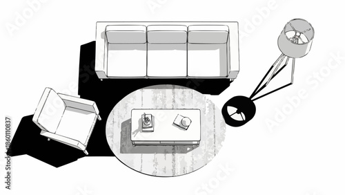 Modern Living Room Furniture Arrangement Top Down View.