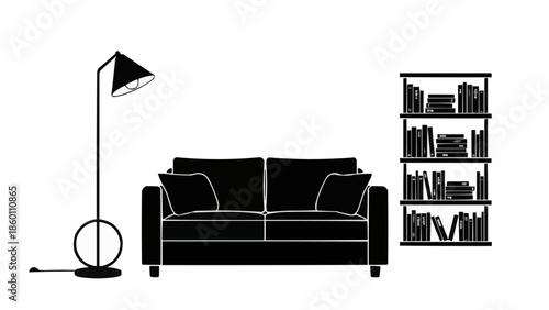 Modern Living Room Furniture Silhouette Sofa Bookshelf Lamp.