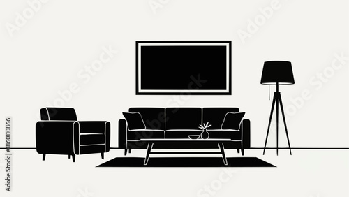 Modern Living Room Furniture Silhouette with Artwork and Lamp.