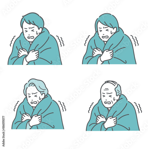 寒気で震える人々のイラストセット（男女・高齢者）