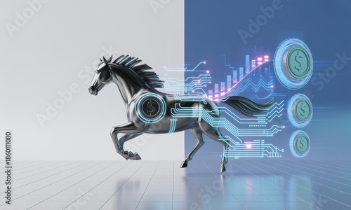 Metallic horse morphing into digital financial data and currency