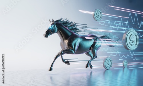 Futuristic metallic horse racing through financial data streams