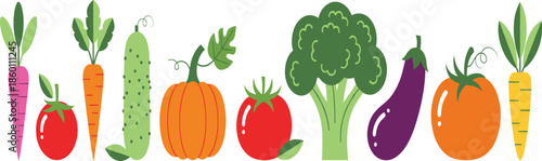 Colorful flat style vegetable collection featuring carrots tomatoes pumpkin broccoli eggplant and cucumber for healthy organic food diet and farm fresh grocery design.