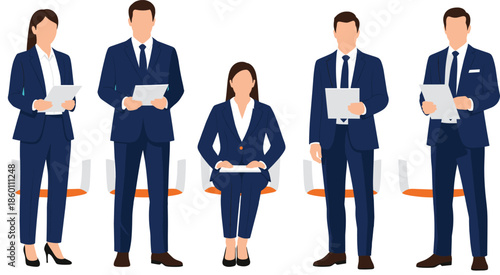 Business professionals team illustration featuring men and women in navy blue suits holding documents for corporate recruitment hiring and office career design.