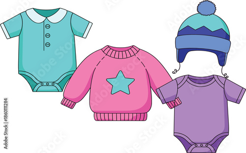 Cute baby clothing collection featuring colorful onesies pink star sweater and blue winter pom pom hat for newborn apparel and infant fashion design.