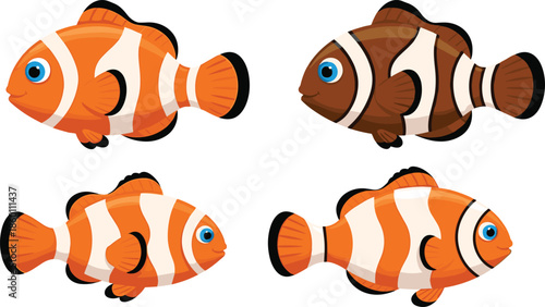 Cute clownfish character collection featuring orange and brown striped tropical sea fish for aquarium pets undersea ocean life and children book design.