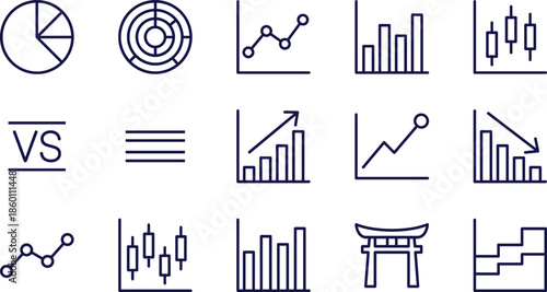 Business data analysis line icon set featuring financial charts, pie graph, candlestick bars, growth arrow, target, comparison, and trading statistics.