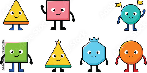 Cute geometric shape characters collection featuring happy triangle square circle and octagon mascots with faces arms and legs for educational children design.