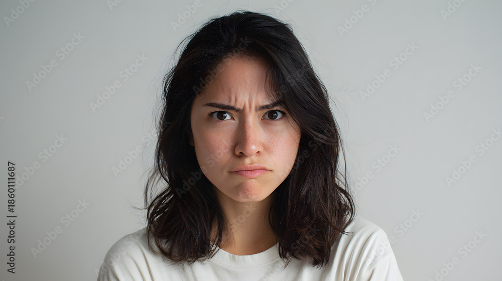 Fototapeta premium Woman with sullen expression on gray background. Expression and emotion background illustration.