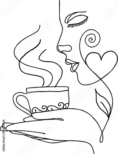 cup of coffee with cup and woman drink sketch illlustration art line design