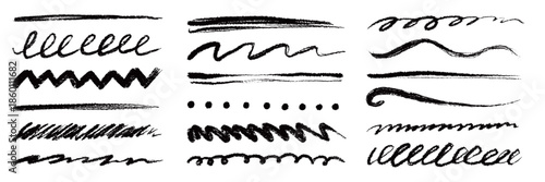 Hand drawn brush strokes and sketch marker underline set. Textured chalk pencil marks, crayon scribbles, scratch paint lines. Crayon grunge texture brush stroke highlight shapes. Vector illustration