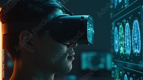Close-up of a young man wearing VR headset in a dark room with brain scan visuals on a screen