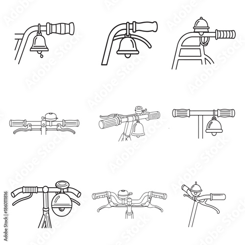 Bicycle Handlebar and Bell Icon Set, Vector Illustration of Bike Safety Horns and Steering Grips in Outline Style