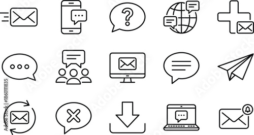Communication and Messaging Line Icon Set Featuring Email, Chat Bubbles, Paper Plane, Global Support, Video Conference, Mobile Notification, and Digital Marketing Icons