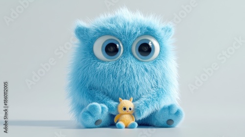 Adorable blue fluffy monster with big round eyes holding tiny yellow toy on soft light background